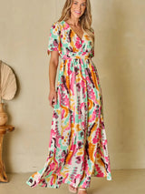 Slit Printed Surplice Short Sleeve Maxi Dress - V.I.P Digital Presence