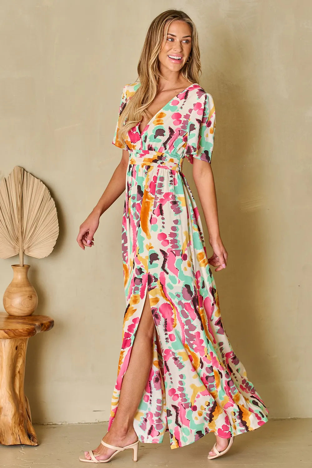 Slit Printed Surplice Short Sleeve Maxi Dress - V.I.P Digital Presence