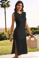 Slit Round Neck Sleeveless Sweater Dress - V.I.P Digital Presence