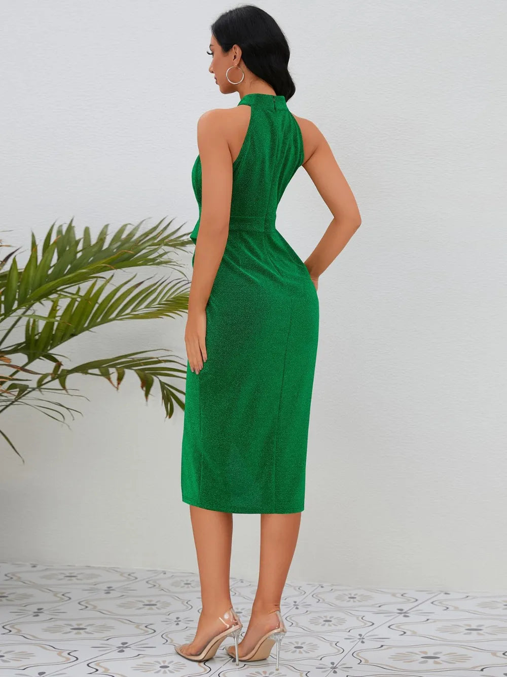 Slit Ruched Mock Neck Sleeveless Dress - V.I.P Digital Presence