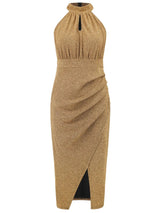 Slit Ruched Mock Neck Sleeveless Dress - V.I.P Digital Presence