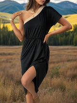 Slit Single Shoulder Short Sleeve Midi Dress - V.I.P Digital Presence