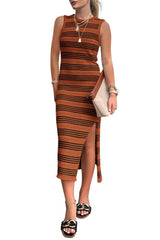 Slit Striped Round Neck Sleeveless Midi Dress - V.I.P Digital Presence