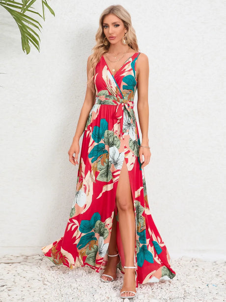 Slit Tied Printed Surplice Dress - V.I.P Digital Presence