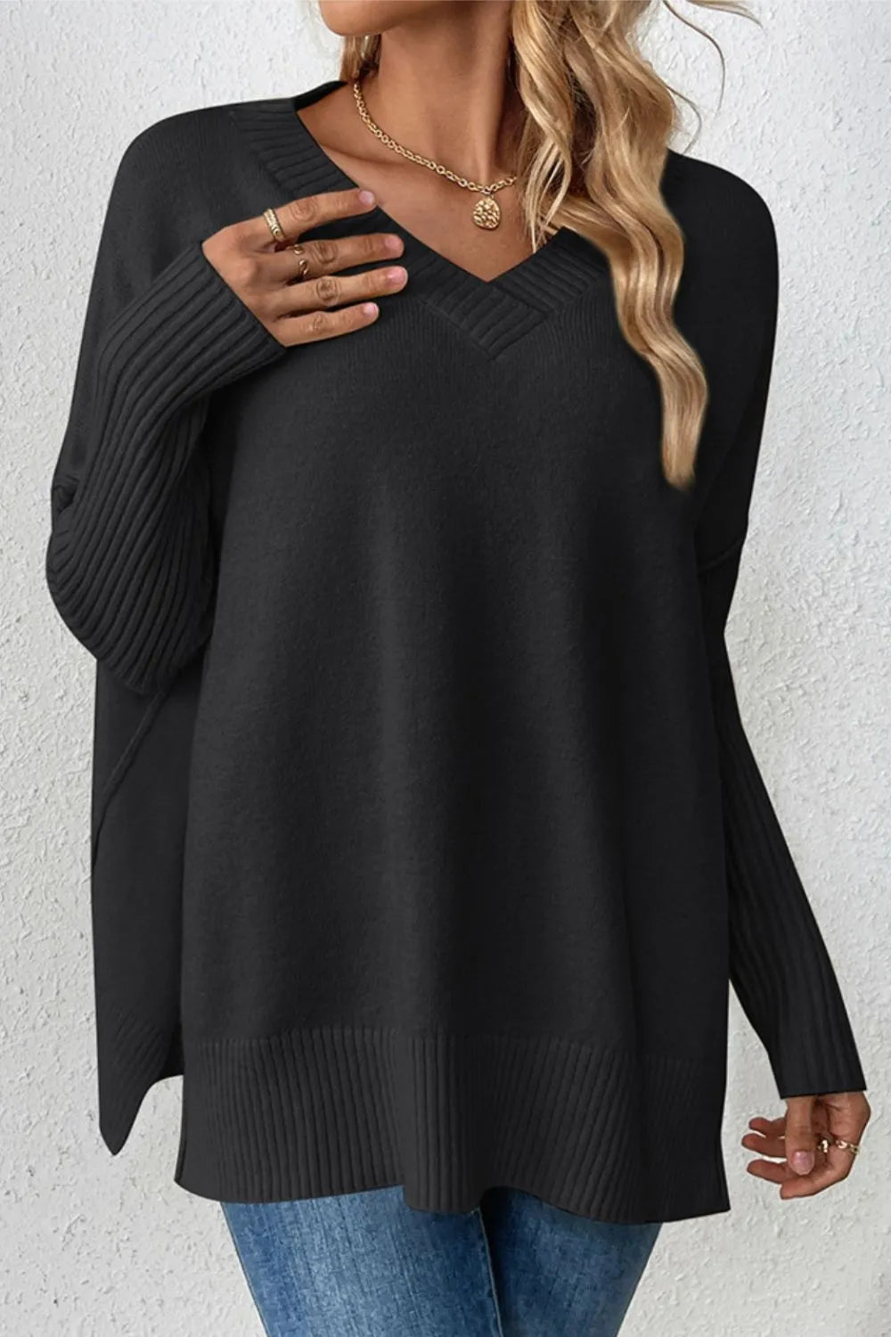 Slit V-Neck Dropped Shoulder Sweater - V.I.P Digital Presence