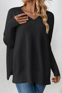 Slit V-Neck Dropped Shoulder Sweater - V.I.P Digital Presence