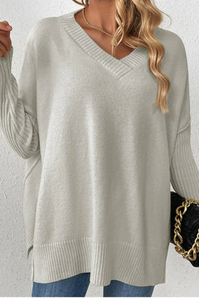 Slit V-Neck Dropped Shoulder Sweater - V.I.P Digital Presence