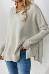 Slit V-Neck Dropped Shoulder Sweater - V.I.P Digital Presence