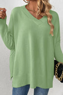 Slit V-Neck Dropped Shoulder Sweater - V.I.P Digital Presence