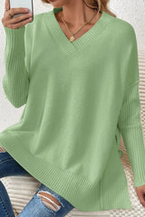Slit V-Neck Dropped Shoulder Sweater - V.I.P Digital Presence