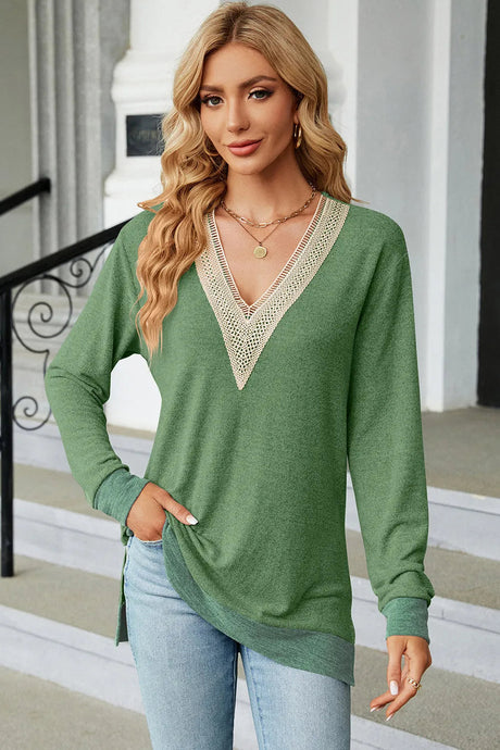 Slit V-Neck Long Sleeve T-Shirt - V.I.P Digital Presence