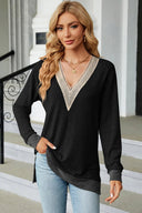 Slit V-Neck Long Sleeve T-Shirt - V.I.P Digital Presence