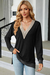 Slit V-Neck Long Sleeve T-Shirt - V.I.P Digital Presence