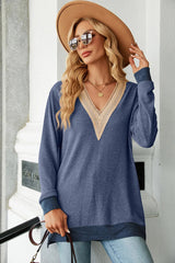 Slit V-Neck Long Sleeve T-Shirt - V.I.P Digital Presence