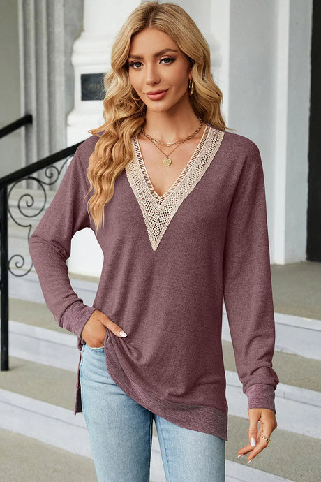 Slit V-Neck Long Sleeve T-Shirt - V.I.P Digital Presence