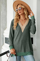 Slit V-Neck Long Sleeve T-Shirt - V.I.P Digital Presence