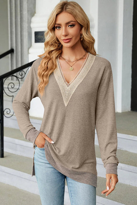 Slit V-Neck Long Sleeve T-Shirt - V.I.P Digital Presence
