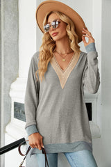 Slit V-Neck Long Sleeve T-Shirt - V.I.P Digital Presence