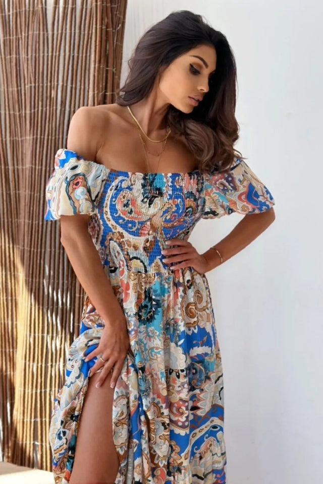 Smocked Printed Short Sleeve Maxi Dress - V.I.P Digital Presence