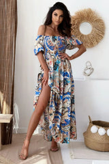 Smocked Printed Short Sleeve Maxi Dress - V.I.P Digital Presence