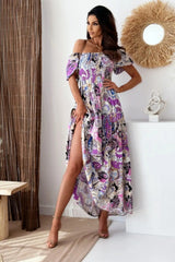 Smocked Printed Short Sleeve Maxi Dress - V.I.P Digital Presence