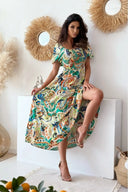 Smocked Printed Short Sleeve Maxi Dress - V.I.P Digital Presence