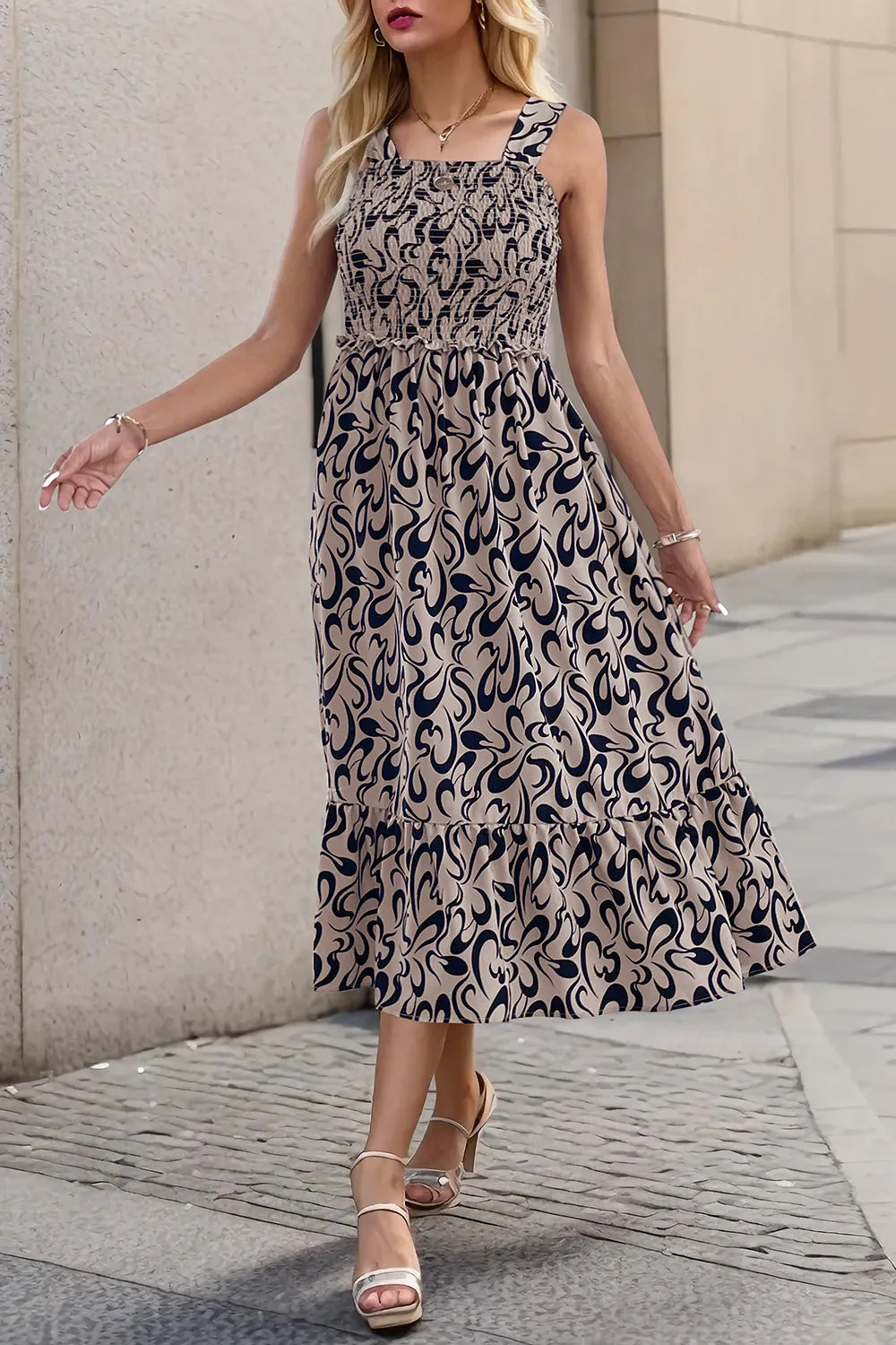 Smocked Printed Wide Strap Dress - V.I.P Digital Presence