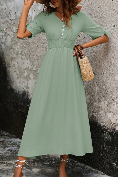 Smocked Quarter Button Short Sleeve Dress - V.I.P Digital Presence