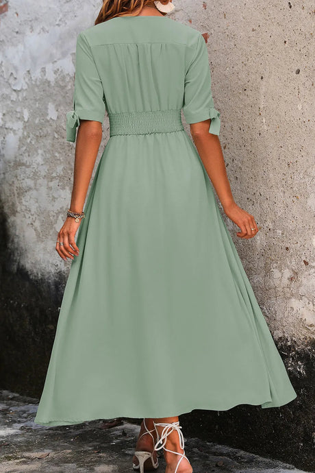 Smocked Quarter Button Short Sleeve Dress - V.I.P Digital Presence