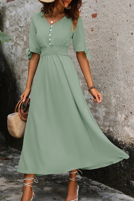 Smocked Quarter Button Short Sleeve Dress - V.I.P Digital Presence