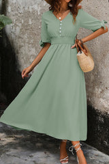 Smocked Quarter Button Short Sleeve Dress - V.I.P Digital Presence