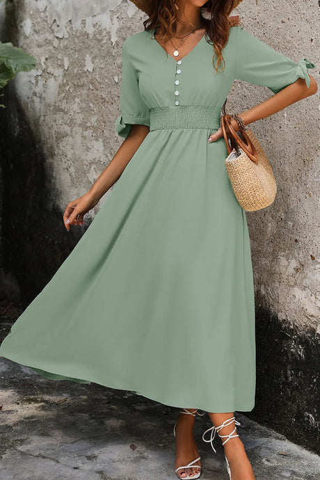 Smocked Quarter Button Short Sleeve Dress - V.I.P Digital Presence