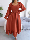 Smocked Square Neck Flounce Sleeve Dress - V.I.P Digital Presence