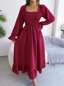 Smocked Square Neck Flounce Sleeve Dress - V.I.P Digital Presence