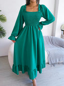 Smocked Square Neck Flounce Sleeve Dress - V.I.P Digital Presence