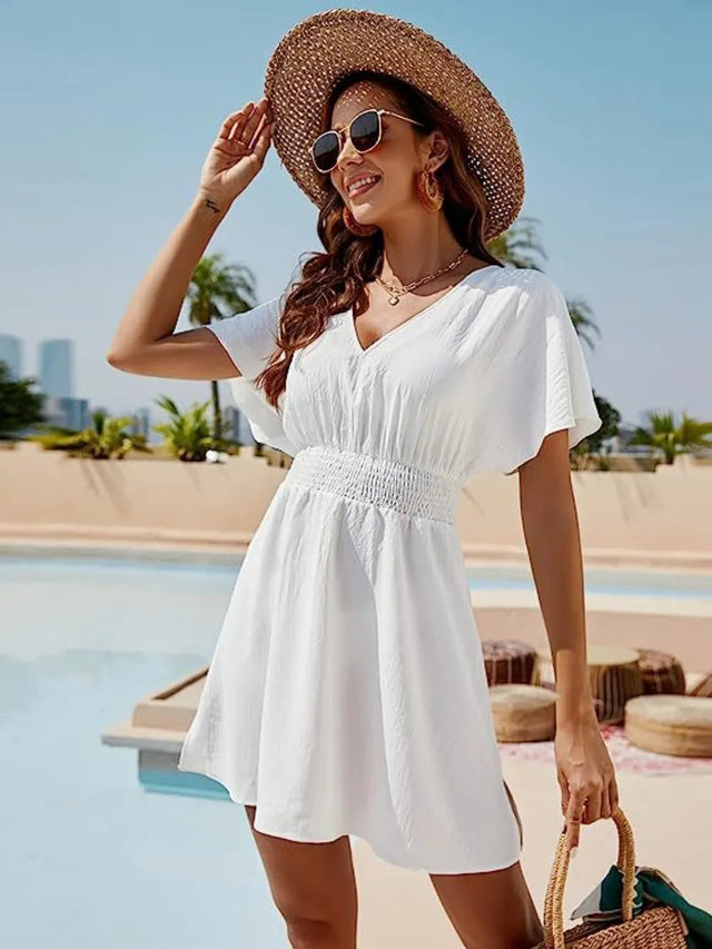 Smocked V-Neck Short Sleeve Dress - V.I.P Digital Presence