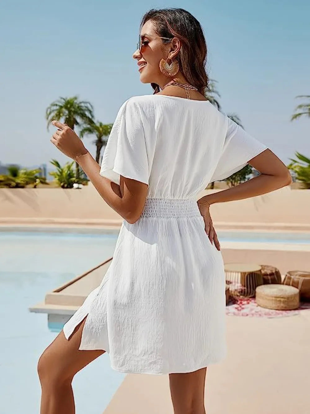 Smocked V-Neck Short Sleeve Dress - V.I.P Digital Presence