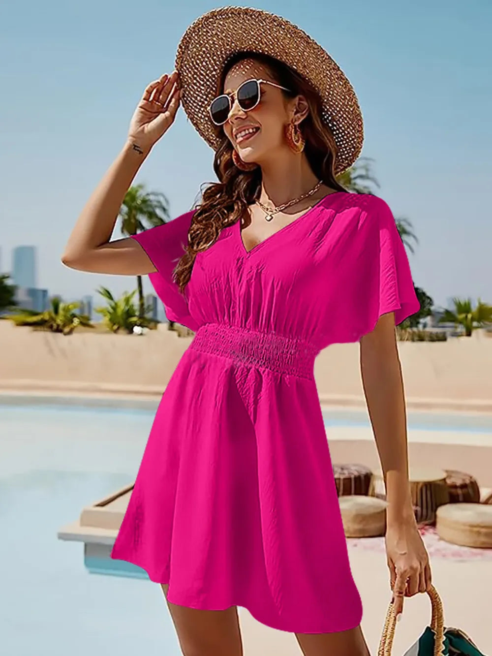 Smocked V-Neck Short Sleeve Dress - V.I.P Digital Presence