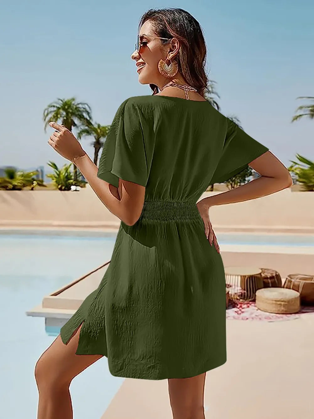 Smocked V-Neck Short Sleeve Dress - V.I.P Digital Presence