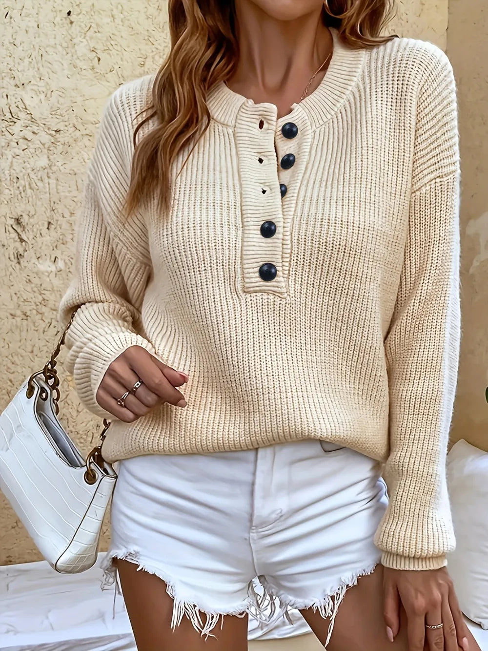 Solid color half cardigan buttoned pullover sweater new casual knit sweater top - V.I.P Digital Presence