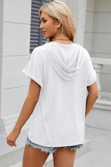 Solid color hooded button loose short sleeved T-shirt top for women - V.I.P Digital Presence
