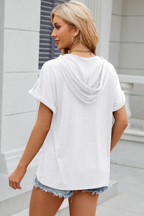 Solid color hooded button loose short sleeved T-shirt top for women - V.I.P Digital Presence
