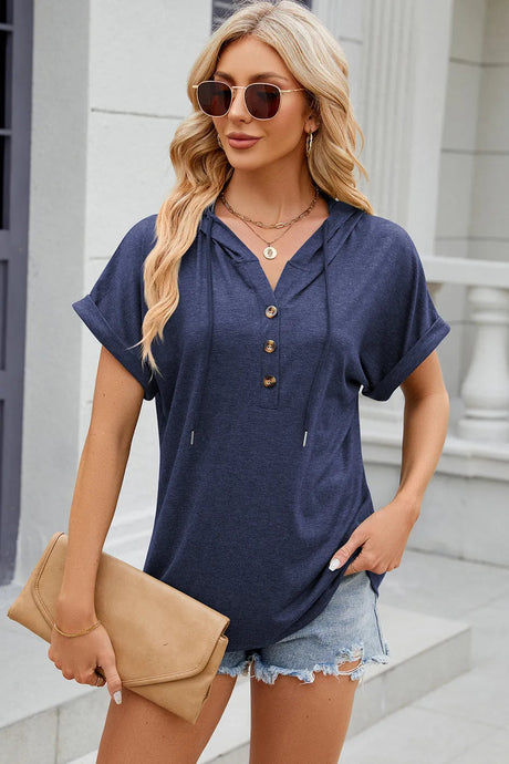 Solid color hooded button loose short sleeved T-shirt top for women - V.I.P Digital Presence