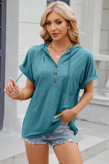 Solid color hooded button loose short sleeved T-shirt top for women - V.I.P Digital Presence