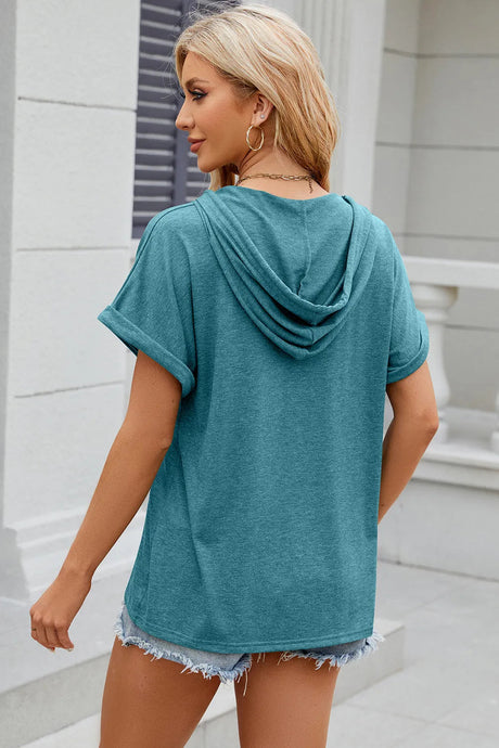Solid color hooded button loose short sleeved T-shirt top for women - V.I.P Digital Presence