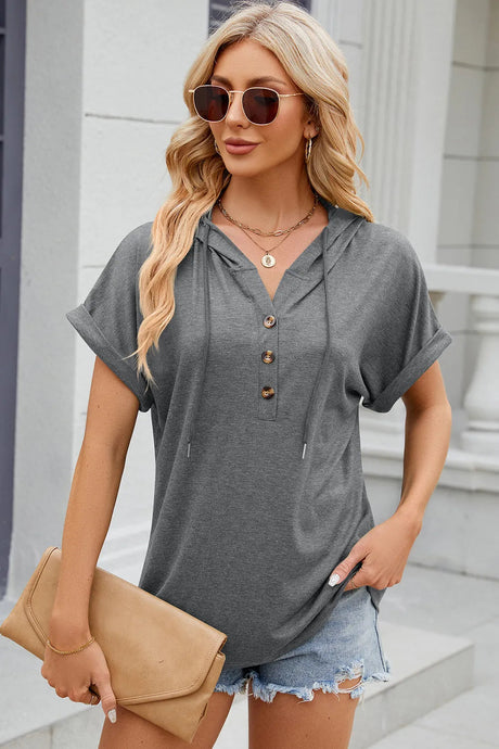 Solid color hooded button loose short sleeved T-shirt top for women - V.I.P Digital Presence