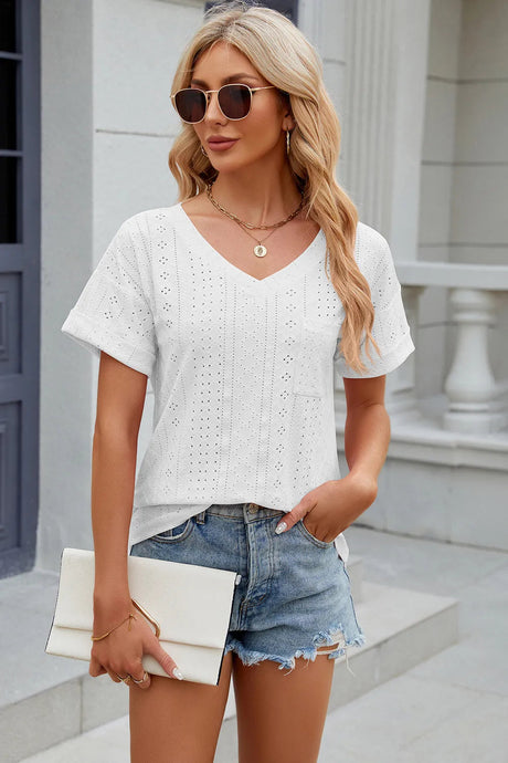 Solid color pocket V-neck loose short sleeved T-shirt top for women - V.I.P Digital Presence