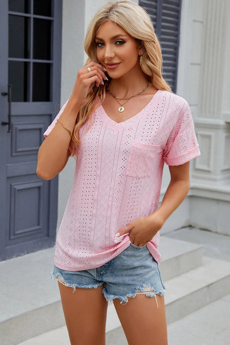 Solid color pocket V-neck loose short sleeved T-shirt top for women - V.I.P Digital Presence