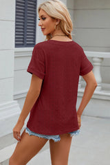 Solid color pocket V-neck loose short sleeved T-shirt top for women - V.I.P Digital Presence