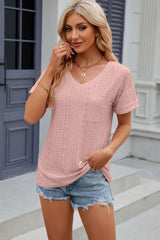 Solid color pocket V-neck loose short sleeved T-shirt top for women - V.I.P Digital Presence